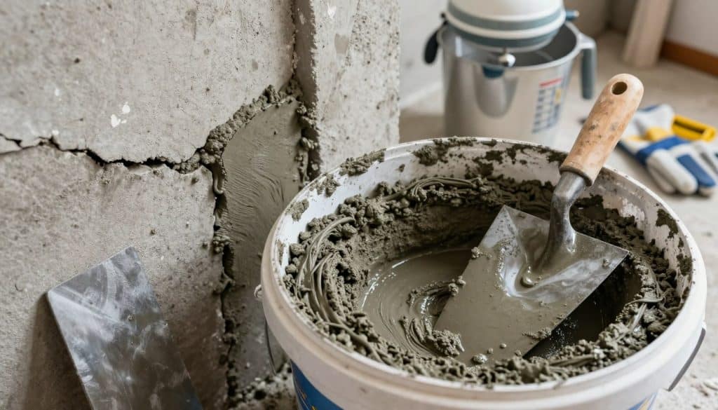 A close-up scene of a bucket filled with freshly mixed hydraulic cement, its texture rough and gray, ready for application. In the foreground, a sturdy trowel lies next to the bucket, glistening under bright overhead lights that emphasize the wetness of the cement. The middle ground features a crack in a concrete foundation wall, partially filled with hydraulic cement to illustrate the DIY repair process. The background shows a well-lit, organized workspace with tools like a mixer, gloves, and a measuring cup, all indicating a home repair atmosphere. The overall mood is practical and focused, evoking a sense of accomplishment in taking on a repair task. The angle is slightly overhead, allowing for a comprehensive view of the materials and effort involved.