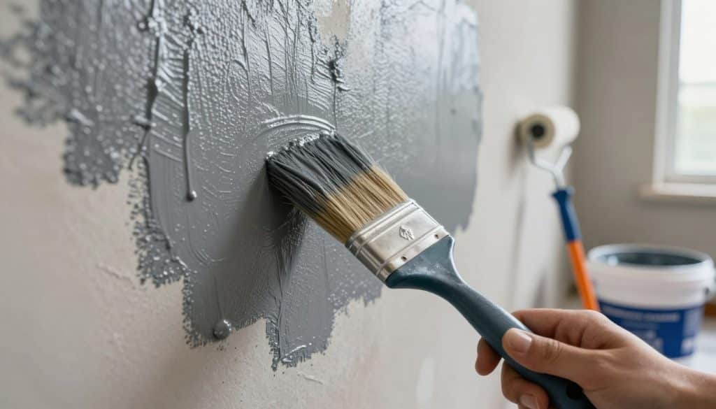 A close-up view of a basement wall being painted with a high-quality waterproofing product. In the foreground, focus on a paintbrush applying a thick, glossy coat of dark gray waterproof paint, with visible texture and sheen. In the middle, showcase the partially finished wall, where the fresh coat contrasts with the untreated, rough surface, revealing moisture barriers and sealants. In the background, include tools such as a paint roller, a heavy-duty bucket of paint, and a roll of painter's tape, emphasizing a well-organized workspace. Natural lighting from a nearby window casts soft shadows, creating a calm and professional atmosphere, suitable for home improvement. The overall mood is focused and industrious, perfect for illustrating effective choices in waterproofing products.