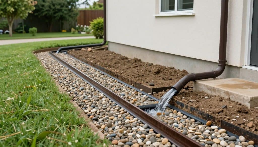 A detailed depiction of a residential foundation drainage solution, showcasing a professional landscape with an effective grading system. In the foreground, a well-designed French drain with pebbles and filtering fabric directs rainwater away from the foundation. In the middle ground, the foundation of a house is visible, lined with proper drainage pipes and downspouts, highlighting the importance of water management. The background features a gentle slope leading away from the home, with lush green grass and trees, emphasizing effective drainage. Soft, natural lighting enhances the scene, captured from a slightly elevated angle to provide a comprehensive view. The atmosphere is calm and serene, illustrating a proactive approach to foundation preservation and minimal water accumulation.