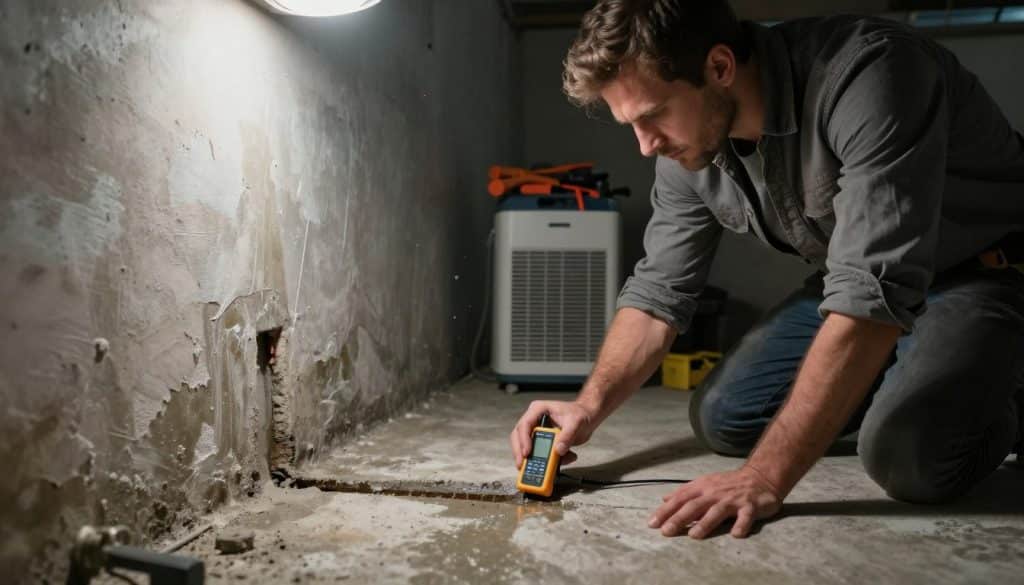 A dimly lit basement scene focused on a water leak detection process. In the foreground, a professional in modest casual clothing is using a moisture meter to test the concrete floor for dampness, their expression serious and analytical. The middle ground showcases a section of the basement wall with visible water stains and peeling paint, indicating previous leaks. In the background, there are stacks of tools and a dehumidifier, adding context to the repair work. Soft overhead lighting casts subtle shadows, creating a slightly tense atmosphere of urgency and diligence. The image captures the essence of diagnosing a leak, emphasizing both the tools and the environment essential for effective moisture testing.