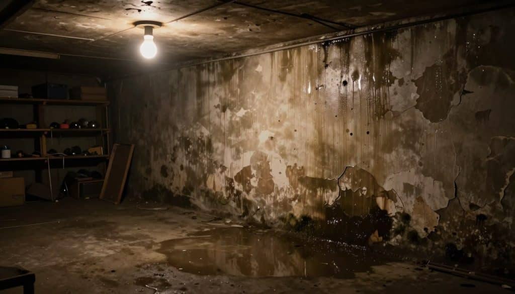 A dimly lit basement with visible moisture on the walls, showcasing deteriorating paint and damp spots. In the foreground, there's a puddle collecting on the concrete floor, reflecting subtle light from a nearby bare bulb. The middle ground features peeling, cracked paint on the walls, with patches of mold growth and signs of moisture seeping through. In the background, shelves filled with tools are slightly obscured by shadows, enhancing the sense of neglect. The atmosphere is heavy and musty, with a faint sense of urgency and concern for the structural integrity of the space. The lighting emphasizes the contrast between dark corners and the areas highlighted by the bulb, creating a realistic, immersive depiction of basement moisture issues.
