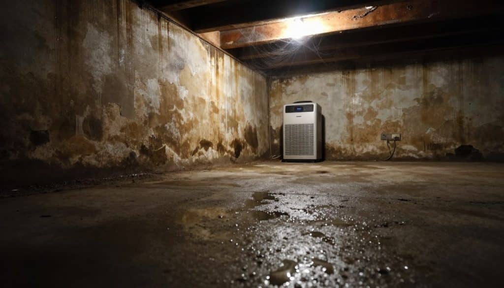A dimly lit basement with visible signs of moisture damage on the walls and floor. The foreground features a close-up of damp concrete with small water droplets glistening. In the middle ground, the walls show discolored patches and peeling paint where moisture has seeped in, with a musty appearance. A dehumidifier sits in the corner, its light casting a soft glow, suggesting an attempt to reduce humidity. The background contains a faint outline of cobwebs and old wooden beams, enhancing the neglected atmosphere. The angle is slightly low, capturing the depth of the space while creating an unsettling yet informative mood that illustrates the issue of indoor humidity resembling a foundation leak.