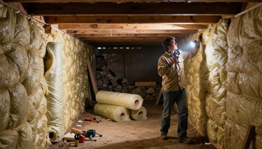 A dimly lit crawl space with exposed beams and insulation material visible along the walls, highlighting various types of insulation. In the foreground, a professional in a beige work shirt and blue jeans inspects the insulation closely, using a flashlight to illuminate the area. The middle ground features rolls of insulation and tools scattered on the dirt floor, showcasing a work-in-progress atmosphere. The background reveals a rugged stone foundation and shadows cast by the wooden beams, creating a sense of depth. The overall mood is industrious and informative, capturing the essence of crawl space assessment and insulation installation. Soft, warm lighting accentuates the textures of the materials while creating an inviting yet utilitarian environment.