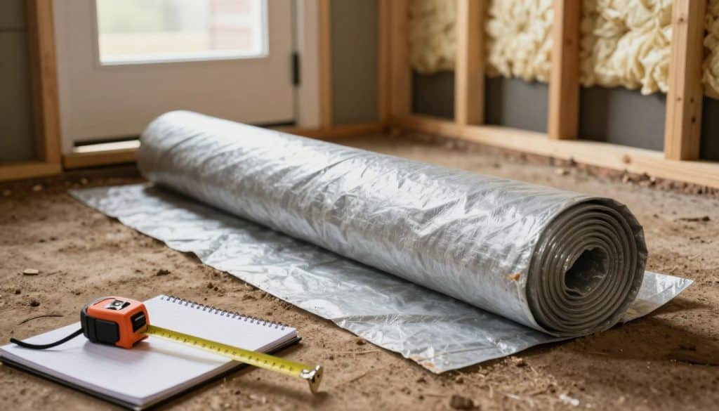 A well-lit crawl space showcasing a rolled vapor barrier installed on the dirt floor, emphasizing its thickness and material texture. In the foreground, a measuring tape and note pad illustrate precision and planning. In the middle ground, a partially opened crawl space access door allows a soft glow to enter, highlighting the vapor barrier and substructure. The background features wooden support beams and insulation material, adding context to the environment. The scene captures a clean, organized, and professional atmosphere with a slight echo of humidity, enhancing the importance of proper insulation. The lighting is bright yet soft, mimicking daylight, and the overall mood is informative and focused on quality home improvement.