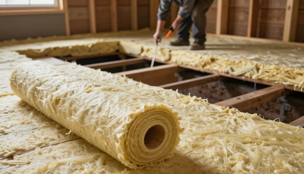 A well-lit crawl space with exposed joists and a newly installed insulation layer. In the foreground, show rolls of fiberglass insulation strategically placed, ready for installation, highlighted with soft lighting to emphasize texture. In the middle ground, a partially insulated area reveals the difference between bare and insulated joists, illustrating optimal warmth. In the background, a professional contractor in modest casual clothing inspects the space, holding installation tools, conveying expertise. The atmosphere is focused and practical, showcasing a DIY spirit versus professional approach to crawl space insulation. Subtle shadows create depth, and natural light filters in through a small window, enhancing the scene’s realism.