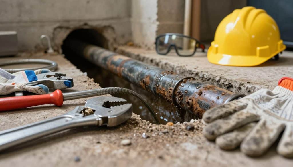 A close-up view of a sewer line in a residential setting, showcasing a partially exposed pipe surrounded by tools for drain cleaning. In the foreground, include bright metal tools such as a pipe wrench and a drain snake, with a sturdy pair of gloves resting nearby. The middle ground features the sewer line itself, showing the textured, rusty surface of the pipe where water or debris might accumulate. In the background, a dimly lit basement is visible with concrete walls and a few safety gear items like a hard hat and goggles hanging near the entrance, creating an atmosphere of a serious yet safe working environment. Utilize soft, diffused lighting to enhance the texture and details of the scene, captured from a low angle to emphasize the importance of the drain cleaning process.