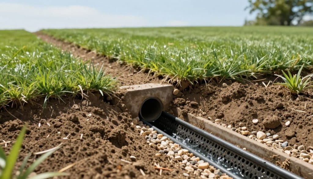 A detailed and realistic illustration of a French drain system in a landscaped area, focusing on the drainage design. In the foreground, include a properly installed French drain with gravel and perforated pipe visible, demonstrating effective water flow management. In the middle ground, show a well-manicured lawn and a gently sloping terrain that directs water towards the drain. The background should feature a clear sky with soft, natural lighting that highlights the textures of the soil and plants. Use a slightly elevated perspective to capture the layout of the drainage system, creating an informative and educational atmosphere. The scene conveys a sense of professionalism and knowledge about effective drainage solutions.