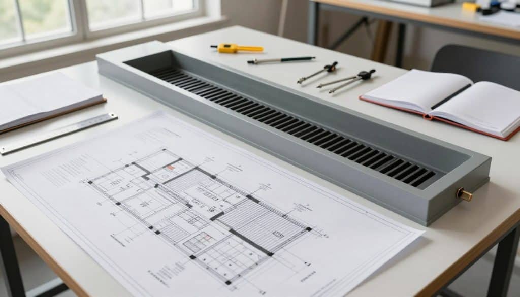 A detailed architectural plan of a drain channel with a grate system, showcasing a perspective view from above. In the foreground, a blueprint is laid out on a drafting table, featuring precise measurements and design notes, with different sections of the channel and grate highlighted. In the middle ground, a realistic three-dimensional model of the drain channel is displayed, surrounded by tools like a ruler, a compass, and engineers’ notebooks, suggesting a professional planning environment. The background features a well-lit workspace with large windows allowing natural light to illuminate the scene. The atmosphere is focused and professional, conveying a sense of meticulous planning and engineering expertise. The image is visually balanced and organized, capturing the essence of planning a complex drainage solution.