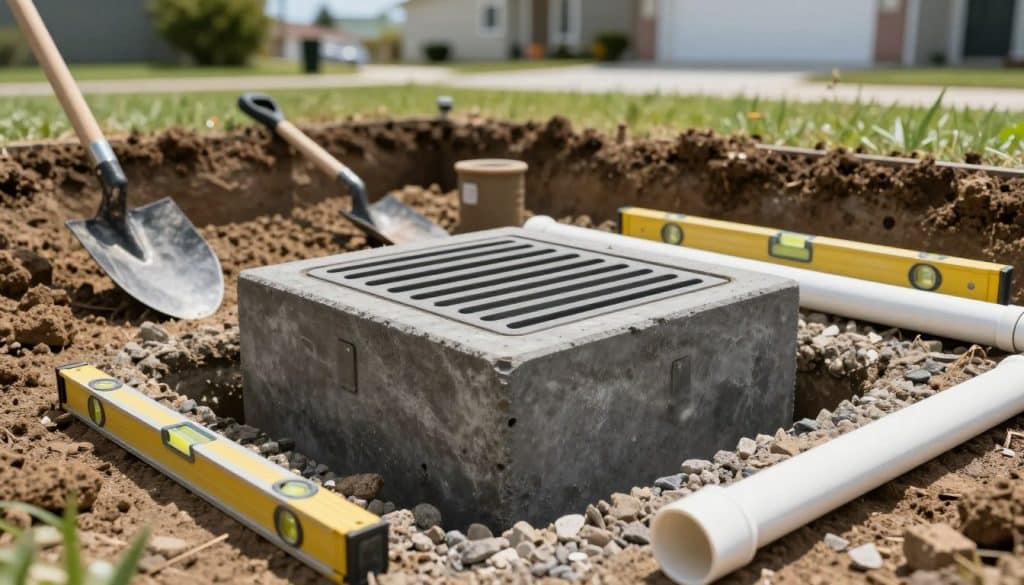 A detailed catch basin installation site, with a focus on the catch basin itself in the foreground. The catch basin is constructed from dark gray concrete, featuring a square shape and slotted grate on top. Surrounding tools and materials like a shovel, water level, and PVC pipes are artistically arranged around it, showcasing an organized setup for installation. In the middle ground, a partially dug trench reveals compact soil and gravel. The background displays a residential setting with green grass and a clear blue sky for a serene atmosphere. The lighting is natural, casting soft shadows, while the angle captures the scene slightly from above, emphasizing the catch basin as the focal point. The mood is professional and informative, ideal for a technical setting.