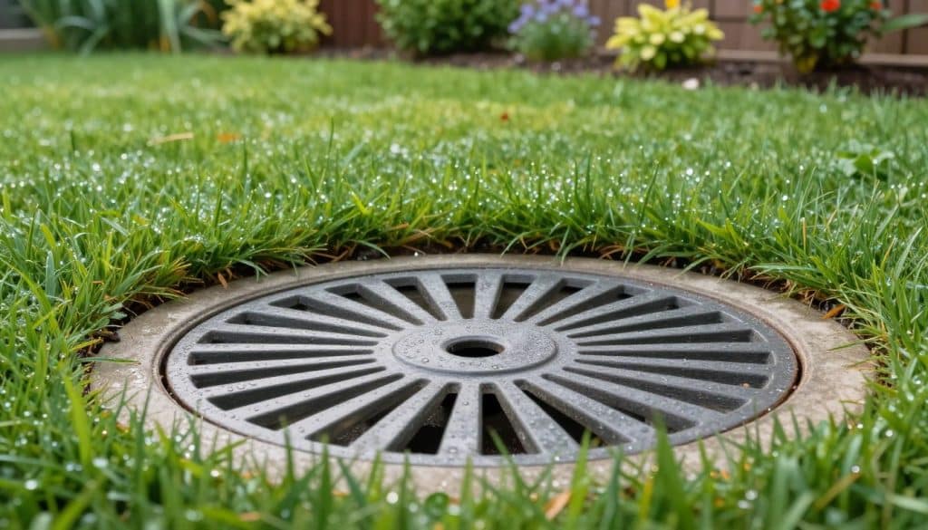 A detailed, realistic depiction of a catch basin situated in a well-maintained yard. The foreground features a close-up of the catch basin, showcasing its clean, gridded surface and drainage holes, made from durable concrete or plastic. In the middle ground, a vibrant green lawn surrounds the basin, with a slight slope directing rainwater towards it, illustrating effective yard drainage. The background includes lush landscaping, consisting of small shrubs and flowers, giving a serene, inviting atmosphere. The image is lit with soft, natural sunlight, capturing the glisten of dew on the grass, and the camera angle is slightly elevated, focusing on the catch basin's functionality. The mood is tranquil, emphasizing the importance of proper drainage and flood prevention.