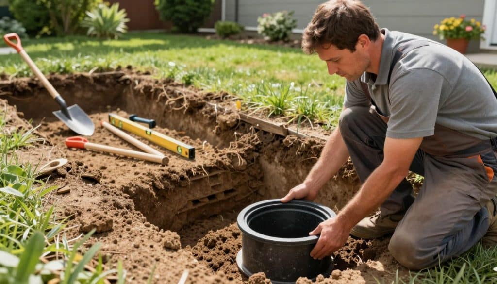 A detailed, step-by-step illustration of how to install a catch basin, set in a well-lit suburban backyard. In the foreground, a skilled worker in professional attire is demonstrating the installation process, carefully positioning the catch basin at the ground level. The middle layer features an excavated trench with tools neatly arranged, such as a shovel and level, indicating an organized work site. The background shows green grass and trees, creating a serene atmosphere. The lighting is bright and natural, highlighting the textures of the earth and the materials used. The composition is captured from a slightly elevated angle, providing a comprehensive view of the scene while maintaining focus on the installation process.