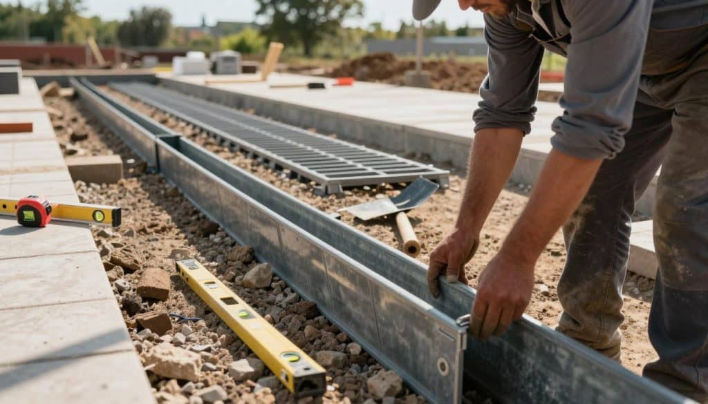 A detailed trench drain installation scene depicting a construction site. In the foreground, a skilled worker in professional attire carefully positions a pre-cast trench drain channel on a prepared gravel base. The middle ground features several sections of drain channels lined up sequentially, with grates positioned above them, showcasing their installation process. Various construction tools lie nearby, such as a level, measuring tape, and a shovel. In the background, partially constructed pavements and a backdrop of trees under a clear blue sky add context to the setting. The lighting is natural and warm, emphasizing a sunny day, with soft shadows cast by the tools. The overall atmosphere is one of professionalism and competence, conveying a sense of careful workmanship in the installation process.