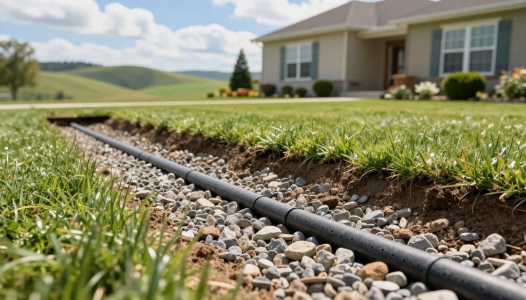 A detailed view of a freshly installed French drain system, showcasing its foundation. In the foreground, visualize the gravel-filled trench with perforated pipes, surrounded by lush green grass and neatly trimmed landscaping. In the middle ground, feature a well-manicured yard with a intact home, emphasizing the drainage solution at work. The background should include gentle rolling hills under a bright blue sky with soft, fluffy clouds, creating an inviting and serene atmosphere. Use natural sunlight to illuminate the scene, casting soft shadows that enhance the textures of the soil and grass. The angle should be slightly elevated, providing a clear view of how the French drain integrates with the property, evoking a sense of effective home improvement and landscape harmony.