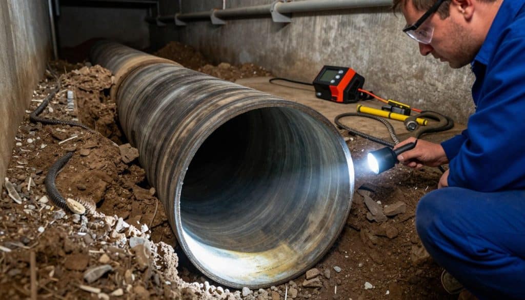 A detailed view of a main sewer line, showcasing a large, circular pipe made of dark, weathered metal, partially buried underground amidst a mix of dirt and gravel. In the foreground, a professional drain cleaning technician, dressed in a blue uniform and safety goggles, examines the area with a flashlight, illuminating the pipe's entrance. The middle ground features small tools such as a snake and a drain camera positioned nearby, hinting at an ongoing inspection. The background reveals the dimly lit, enclosed environment of an underground utility space, with concrete walls and exposed plumbing. The lighting is soft yet focused, creating a serious and investigative atmosphere that emphasizes the importance of maintaining a clear sewer line.