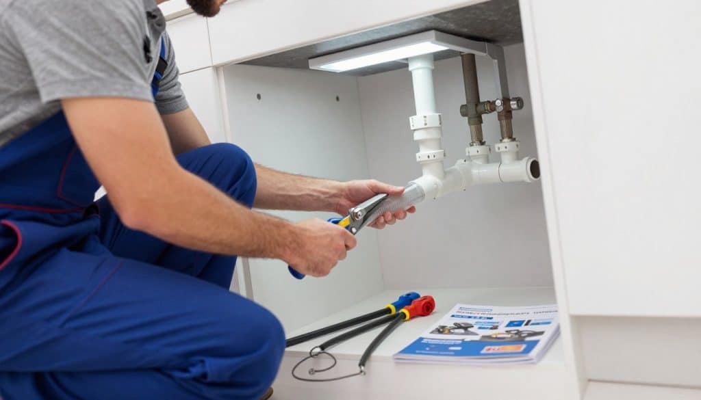 A professional plumber in a modern, well-lit residential basement, engaged in preventive maintenance of plumbing systems. The foreground features the plumber, dressed in a neat, professional uniform, examining a clear drainage pipe with tools in hand. In the middle ground, neatly arranged plumbing tools and equipment, including a drain snake and maintenance guidebook. The background showcases the clean, organized elements of a plumbing system, with bright LED lighting illuminating the area, creating an atmosphere of cleanliness and professionalism. The image captures a sense of diligence and reliability, reflecting the commitment to preventing future clogs through proactive maintenance. Use a slightly tilted angle to add dynamism to the composition, emphasizing the action of maintenance.