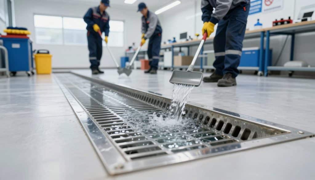 An industrial maintenance drain in a commercial setting, featuring a sleek metal grate and clear flowing water. In the foreground, showcase the drain with intricate detailing of the grate's texture and water glistening under bright LED lights. The middle ground should depict workers in professional business attire, equipped with tools for cleaning and maintenance, demonstrating best practices. The background includes a well-organized workspace with cleaning equipment and signage about drainage maintenance, all brightly lit. The mood is focused and efficient, illustrating a commitment to cleanliness and long-term performance. Utilize a wide-angle lens to capture the entire scene, emphasizing the importance of proper installation and upkeep in a professional setting.