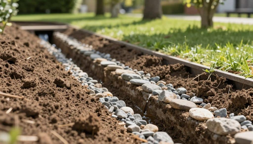 A close-up perspective of a trench water slope designed for a French drain installation. In the foreground, show rich, textured soil with gravel precisely arranged along the trench sides, illustrating proper drainage techniques. The middle ground features a gently sloping trench lined with smooth stones, leading to a small discharge point where water flows out, creating a serene and functional landscape. In the background, lush green grass and a few trees provide a natural setting, with soft sunlight filtering through, casting gentle shadows. The atmosphere is calm and earthy, emphasizing the importance of planning and proper techniques for effective drainage. A slight depth of field adds focus to the trench, enhancing the visual clarity of the slope.