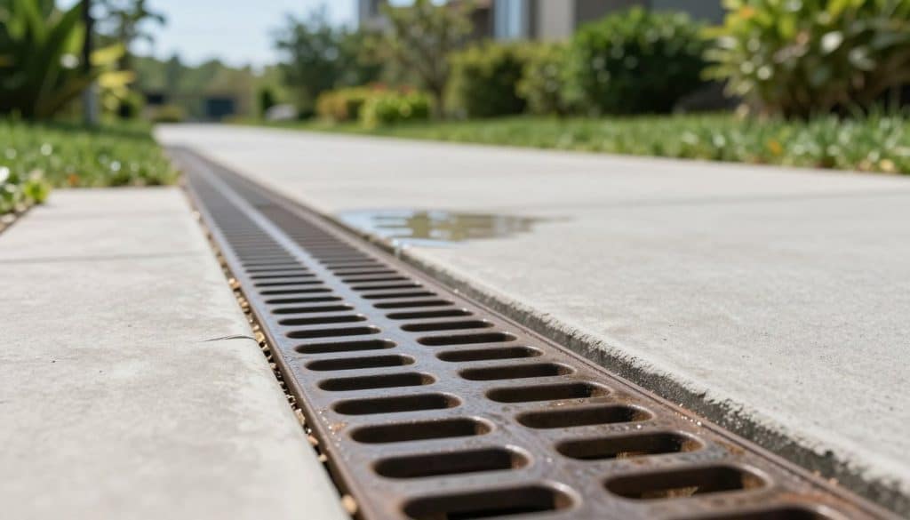 A close-up view of a channel drain system set in a well-maintained outdoor environment. In the foreground, showcase a detailed section of the channel drain with visible grates, neatly aligned and blending into the pathway. The middle ground features a smooth concrete surface with water flowing towards the drain, highlighting its effective function. In the background, lush green landscaping and a clear blue sky add a serene atmosphere, enhancing the focus on the drainage solution. The lighting is bright and natural, casting subtle shadows that define the textures of the materials. Capture this scene from a slightly elevated angle to provide depth and clarity. Ensure no human subjects are visible in the image, maintaining a professional and clean aesthetic.
