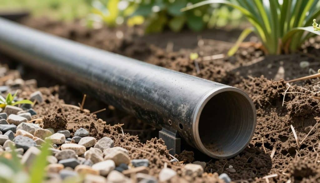 A close-up view of a that extending from the ground, showcasing its cylindrical shape, textured surface, and insert points for drainage. The pipe is set in a landscaped garden, with rich earth and carefully placed gravel surrounding it, illustrating its function in a French drain system. In the background, soft-focus greenery provides a natural setting, with sunlight filtering through leaves, casting gentle shadows on the ground. The mood is constructive and informative, highlighting the practicality of drainage solutions. The angle is slightly elevated, showcasing both the pipe's diameter and its position within the landscape. Natural lighting illuminates the scene, creating a professional yet approachable atmosphere, perfect for illustrating tools and materials for installing French drains.