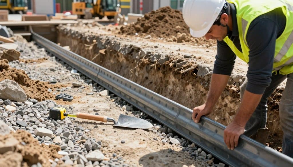 A construction site showcasing channel drain installation. In the foreground, a worker in a hard hat and safety vest is carefully aligning a durable, perforated channel drain in a gravel bed. The middle section features a partially excavated trench, revealing sand and gravel layers, with additional tools like a measuring tape and a trowel nearby. A bright, natural daylight illuminates the scene, casting soft shadows and highlighting the texture of the materials. In the background, an organized work area with piles of soil and construction equipment adds depth. The atmosphere is focused and industrious, capturing the essence of professional installation practices for long-term drainage solutions.
