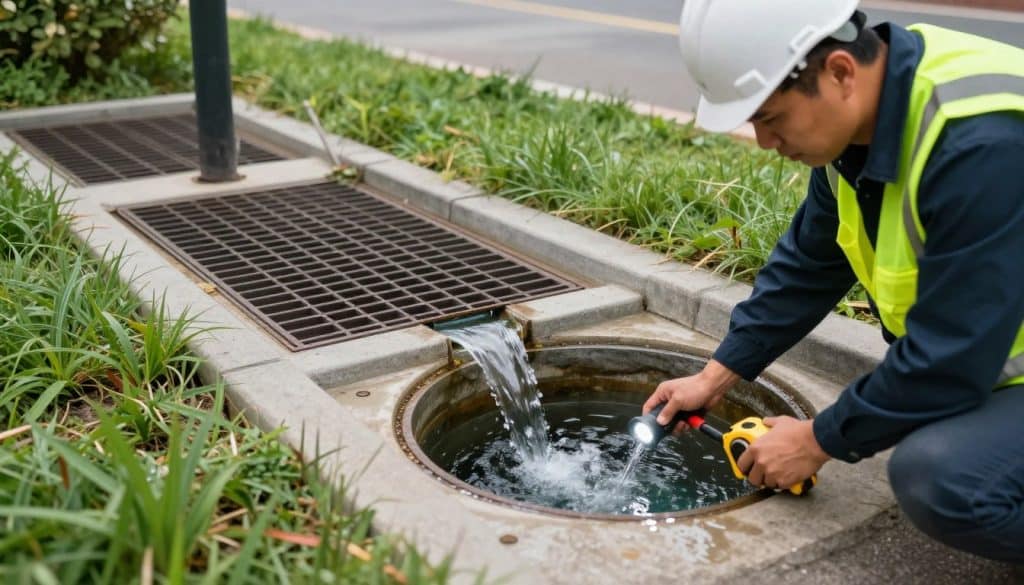 A detailed and well-maintained storm drain and catch basin in an urban environment, showcasing clean, clear water flowing through the system. In the foreground, a professional worker in a safety vest and hard hat inspects the drain, holding maintenance tools like a flashlight and measuring tape. In the middle ground, the catch basin is highlighted with a grid cover, surrounded by lush greenery, demonstrating a clean landscape. The background includes a partially cloudy sky, filtering in soft natural light, enhancing the focus on the drainage system. This image conveys an atmosphere of responsibility and care for urban infrastructure, emphasizing the importance of maintenance for safe water runoff. The angle is slightly elevated, offering a comprehensive view of the scene.