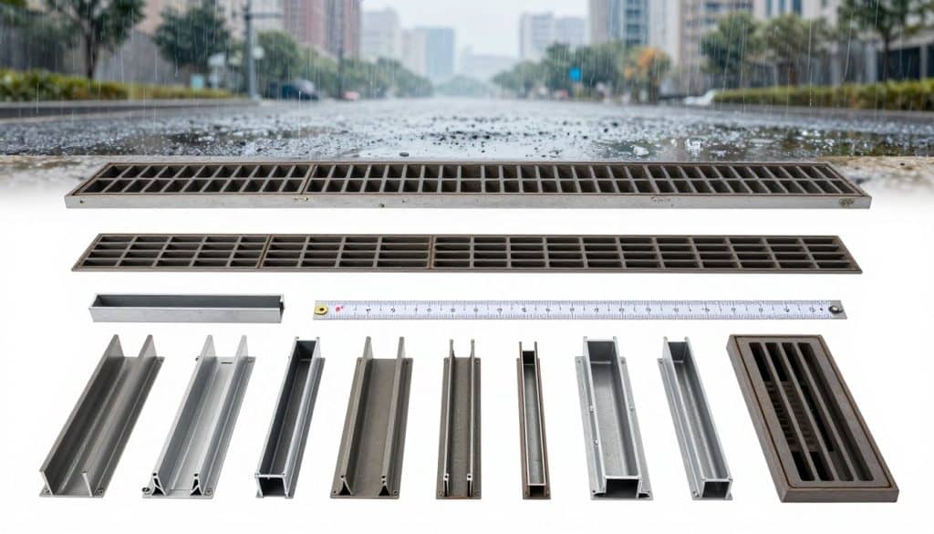 A detailed engineering diagram showcasing the various sizes and configurations of channel drains. The foreground features a close-up of several channel drain profiles, including different widths and depths, laid out in an organized manner. In the middle, include a scale ruler or measuring tape to emphasize precision and sizes. The background presents a subtle urban landscape, with hypothetical rainfall depicted as gentle droplets falling, creating small puddles around the drains. Lighting is bright and even, simulating a clear day, while a slight shadow enhances the three-dimensionality of the drains. The atmosphere is professional and informative, ideal for illustrating technical aspects of drainage solutions.