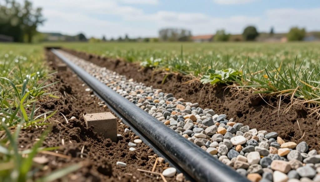 A detailed illustration of a French drain system installed in a residential backyard. In the foreground, display a cross-section of the drain showing the gravel layer, perforated pipe, and soil surrounding it, highlighted with subtle textures and colors. The middle ground features the sloped landscape directing water towards the drain, with patches of grass and small plants. In the background, a clear sky with soft, natural lighting enhances the overall scene, creating a calm and functional atmosphere. Capture the image from a slightly elevated angle to give a comprehensive view of the entire system, focusing on the arrangement and materials used. The landscape should feel serene and functional, emphasizing the practicality of the drainage solution.