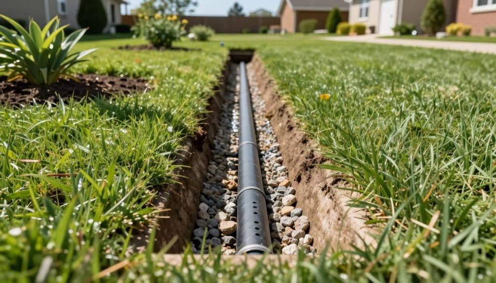 A detailed illustration of a French drain system installed in a residential yard, showcasing its features. In the foreground, depict an open trench filled with gravel and a perforated pipe at the bottom, surrounded by lush green grass. In the middle ground, illustrate the transition from the French drain to the surrounding landscape, highlighting the even drainage of water flowing into the system, with soft soil and plants on either side. The background should feature a serene suburban environment with a well-maintained lawn and a distant view of a house under clear blue skies. Use natural sunlight to create a bright and inviting atmosphere, with a slightly elevated angle to capture the layout of the drainage system effectively. The mood should be informative and professional, emphasizing the practicality of the French drain.