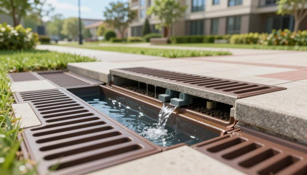 A detailed illustration of an innovative storm drain design, taking center stage with intricate features that highlight its function in preventing flooding on properties. In the foreground, showcase close-up elements such as grates and drainage channels featuring a glossy finish, with water gently flowing through them. The middle layer includes a cross-section view revealing the structural components, like sediment traps and filtration systems, emphasizing effective water management. In the background, depict a landscaped urban environment with well-maintained lawns and pavements, under a clear blue sky. Use bright, natural lighting to create an optimistic atmosphere. The composition should be slightly angled, giving a three-dimensional feel, as if inviting the viewer to explore this essential infrastructure. No text or identifiers should be present in the image.