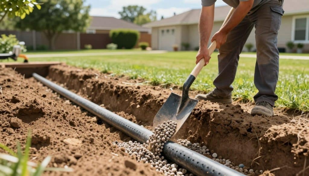 A detailed scene depicting the step-by-step installation of a French drain in a residential backyard. In the foreground, a skilled worker in modest work attire is digging a trench with a spade, showcasing the effort involved in the process. The middle ground features the gravel being poured and the perforated pipe laid down within the trench, highlighting the technical aspects of drainage. In the background, a lush green lawn offers a serene suburban setting, with a clear blue sky overhead allowing natural sunlight to illuminate the scene. The mood is practical and educational, emphasizing the DIY approach to home improvement. The image captures the focus and determination of the worker while providing a clear visual representation of French drain installation techniques.