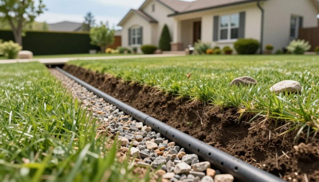 A detailed view of a residential property showcasing a French drain system in action. In the foreground, illustrate the trench of the French drain filled with gravel, with perforated pipes visible. In the middle ground, depict a well-kept lawn sloping gently towards the drain, with vibrant green grass and a few decorative stones scattered around. The background features a charming single-story house framed by trees and shrubs, under clear blue skies. Soft natural lighting illuminates the scene, highlighting the textures of the soil and grass. The overall mood is peaceful and organized, illustrating the practical benefits of effective drainage solutions. Ensure to capture the serenity of a well-drained property without any human figures or extraneous elements.
