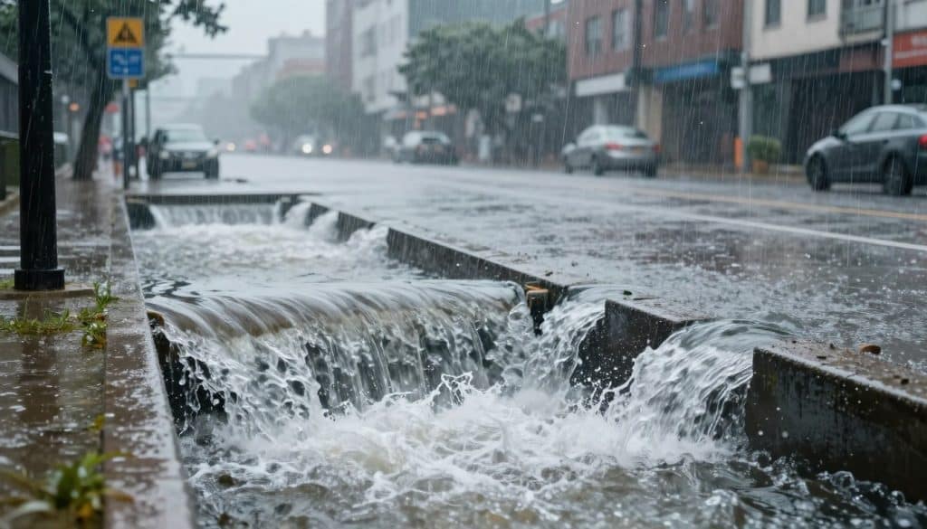 A dynamic and detailed illustration of stormwater flow during a heavy rain event. In the foreground, depict turbulent water rushing through storm drains, surrounded by curbs and overflowing gutters, showcasing the force of the rain. In the middle ground, visualize a street with puddles and raindrops splattering, reflecting the gray sky above. Add a few slick road signs and partially visible parked cars. The background should feature dense urban buildings blurred slightly by the pouring rain, creating a sense of depth. Use soft, overcast lighting to enhance the atmosphere of a rainy day, capturing the urgency and power of stormwater management in real life. The overall mood should evoke a sense of seriousness and impact.