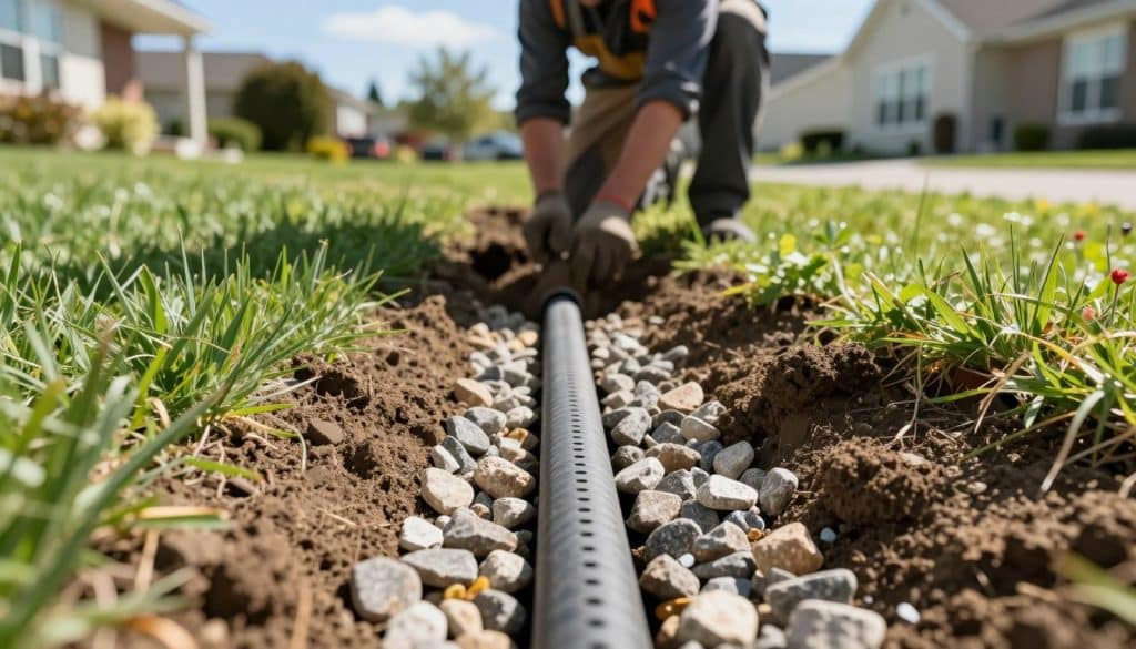 A close-up view of a French drain installation in a residential yard, showcasing the intricately arranged gravel and perforated piping. In the foreground, the French drain is partially embedded in soil, surrounded by lush green grass and small plants. In the middle ground, a technician in professional work attire carefully digs, examining the drainage system, demonstrating expertise. The background reveals a suburban home with well-maintained landscaping and a clear blue sky above. Natural sunlight casts gentle shadows, enhancing the texture of the gravel and soil. The atmosphere is calm and focused, highlighting the importance of proper drainage solutions for homeowners. The composition should emphasize clarity and detail, capturing the essential elements of a French drain.