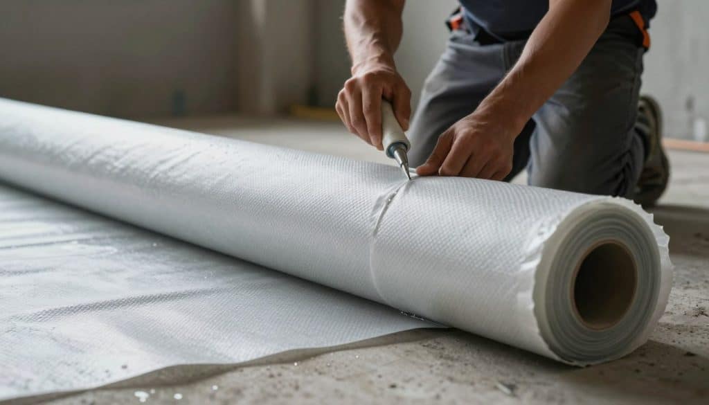A close-up view of an HDPE water barrier membrane, emphasizing its textured surface and thickness. The foreground features a section of the membrane rolled out on a smooth concrete surface, showcasing the intricate detailing of the material. In the middle ground, a professional contractor in modest casual clothing is carefully sealing the seams using a specialized adhesive, highlighting proper installation techniques. The background consists of a dimly lit basement environment, with subtle water droplets adding to the atmosphere of waterproofing. Soft, diffuse lighting casts gentle shadows, enhancing the textural details of the membrane and the focused expression of the contractor. The overall mood is one of professionalism and technical precision in a construction setting.