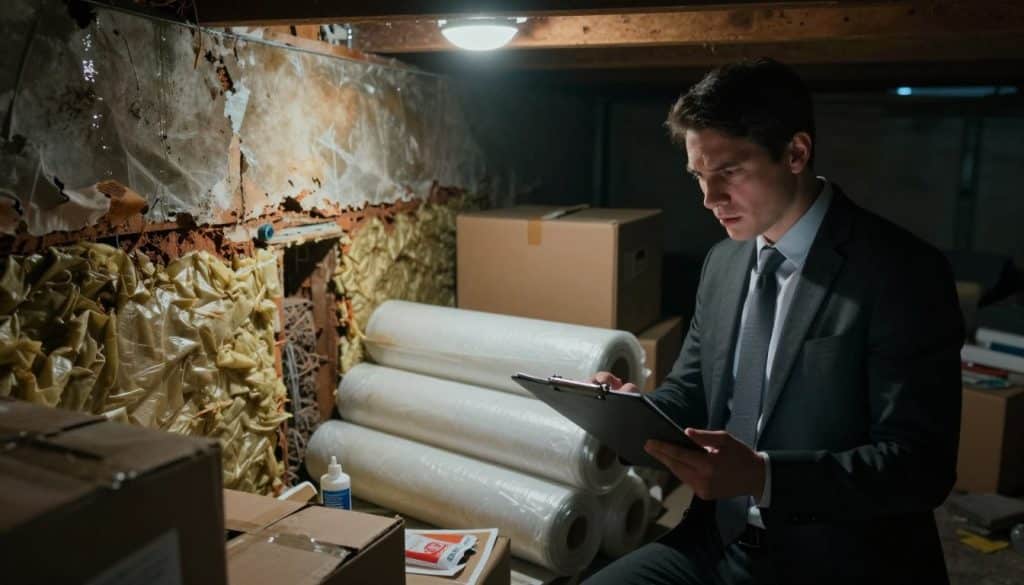 A cluttered, dimly lit crawl space filled with various objects such as old boxes, a water-damaged section of the wall, and exposed insulation. In the foreground, a professional in business attire, holding a clipboard, examines the area with a concerned expression, emphasizing the risks associated with crawl space encapsulation. In the middle ground, the encapsulation materials are scattered, like rolls of vapor barrier plastic and sealants, highlighting the costs involved. The background exhibits dark, shadowy corners, casting an eerie atmosphere that reflects uncertainty and potential hidden issues. Soft, overhead lighting casts subtle highlights on the water-damaged wall, enhancing the mood of caution and contemplation. The perspective should be slightly low-angle, creating a sense of urgency and focus on the subject's evaluation of the crawl space's condition.