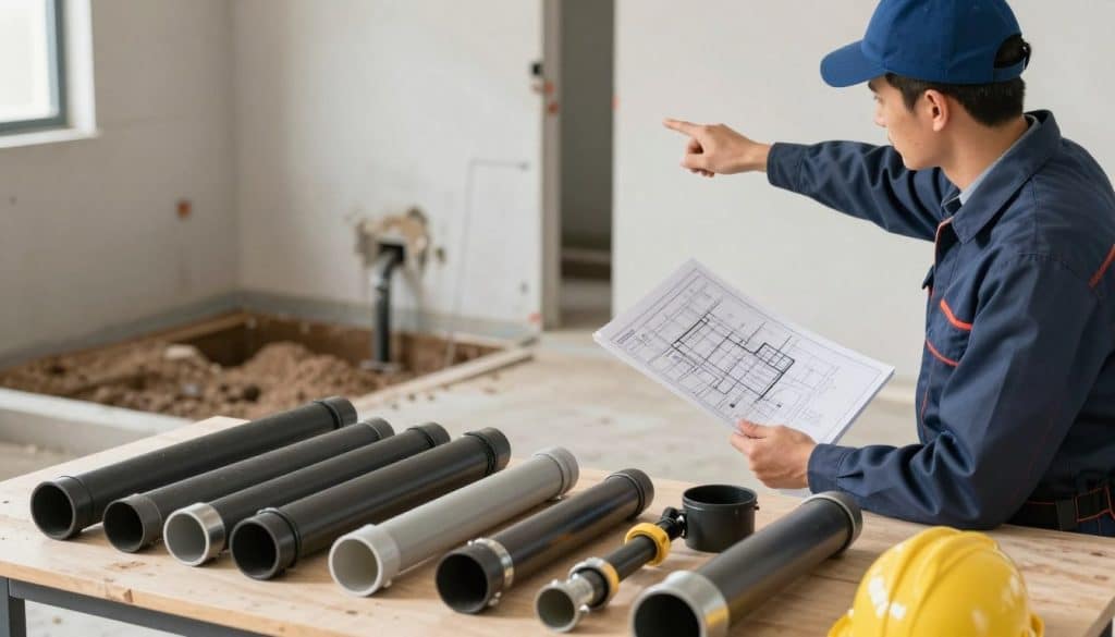 A detailed scene showcasing a variety of innovative drainage solutions for basement water issues. In the foreground, display an array of drainage pipes and systems arranged neatly on a workshop table, highlighting their features. In the middle ground, illustrate a professional technician in business attire examining a blueprints plan while pointing towards a drainage installation site in a residential basement, ensuring a clear focus on the repair process. The background should feature a well-lit partially finished basement with visible water damage on one wall, emphasizing the need for effective solutions. Use natural lighting to create a clean and informative atmosphere. The angle should be slightly above eye level, offering a comprehensive view of the entire setup, evoking a sense of professionalism and reliability in addressing basement leak repairs.