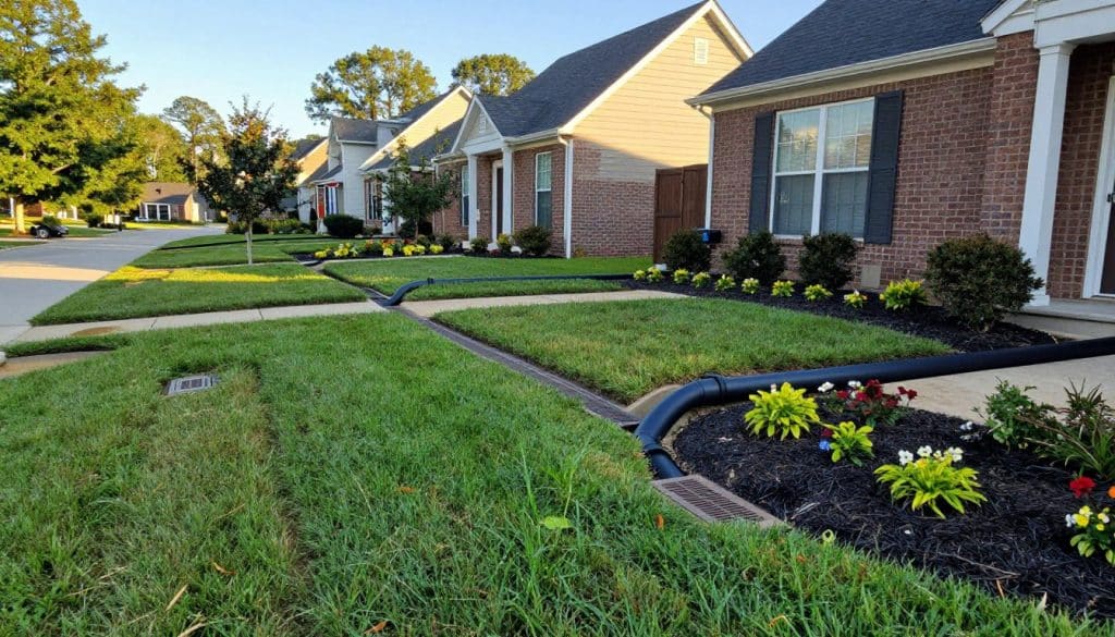 A detailed view of a Metro Atlanta residential area, showcasing an effective drainage system designed to prevent basement leaks. In the foreground, vibrant green grass and well-maintained flower beds surround a newly installed drainage grate. The middle ground features a series of sloping yards with visible drainage pipes and gutters, strategically positioned to direct rainwater away from the foundations. In the background, typical Atlanta-style homes with brick facades stand under a clear blue sky, illuminated by soft, afternoon sunlight. The angle is a slightly elevated perspective, giving an overview of the drainage mechanism in action. The overall mood is serene and professional, emphasizing the importance of proper drainage in maintaining home integrity.
