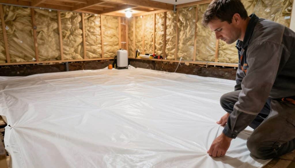 A detailed view of the crawl space encapsulation process in a residential home. In the foreground, a professional contractor in a polished work outfit inspects a newly encapsulated crawl space, showcasing the clean white vapor barrier that covers the ground, with secure seams visible. In the middle ground, the walls are lined with insulation and the space is well-lit by soft overhead lighting, highlighting the neat organization of tools and materials. The background reveals a foundation wall with visible moisture barriers and a small dehumidifier in the corner, adding to the effectiveness of the encapsulation. The atmosphere is calm and industrious, emphasizing a sense of expertise and attention to detail in home improvement. The angle captures both the contractor's focused expression and the organized crawl space.