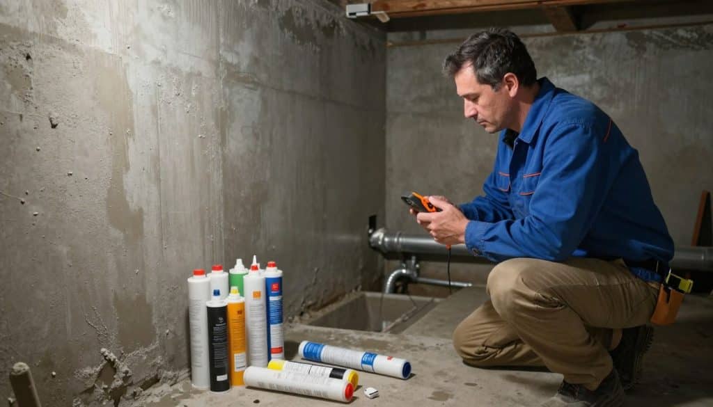 A dimly lit basement showcasing a professional waterproofing project in progress. In the foreground, a middle-aged contractor in a blue work shirt and khakis examines a section of damp wall with a moisture meter, illustrating the meticulous nature of leak repair. In the middle, various waterproofing materials like sealants and drainage pipes are organized neatly, emphasizing the tools of the trade. The background features exposed concrete walls and a partially finished drainage system, capturing the essence of basement renovation. Soft, indirect lighting highlights the textures of the concrete and materials while casting subtle shadows, creating a professional yet approachable atmosphere. The scene conveys diligence, expertise, and the importance of effective basement leak repair.