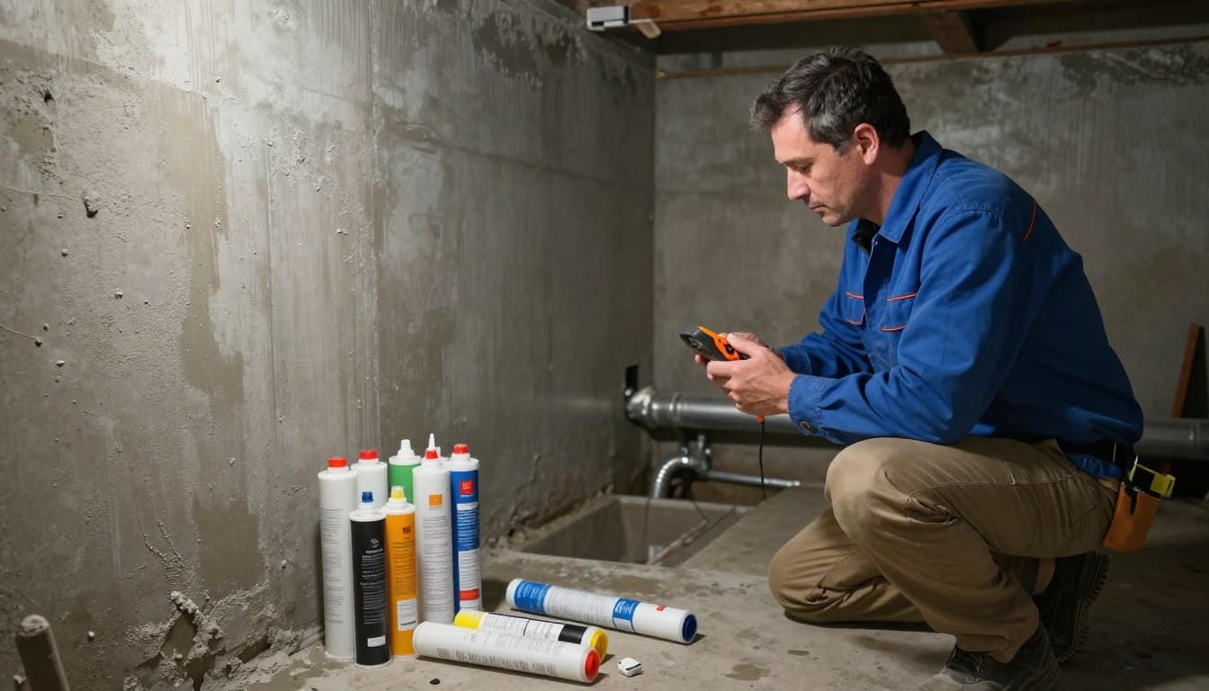 A dimly lit basement showcasing a professional waterproofing project in progress. In the foreground, a middle-aged contractor in a blue work shirt and khakis examines a section of damp wall with a moisture meter, illustrating the meticulous nature of leak repair. In the middle, various waterproofing materials like sealants and drainage pipes are organized neatly, emphasizing the tools of the trade. The background features exposed concrete walls and a partially finished drainage system, capturing the essence of basement renovation. Soft, indirect lighting highlights the textures of the concrete and materials while casting subtle shadows, creating a professional yet approachable atmosphere. The scene conveys diligence, expertise, and the importance of effective basement leak repair. - paint for waterproofing basement walls