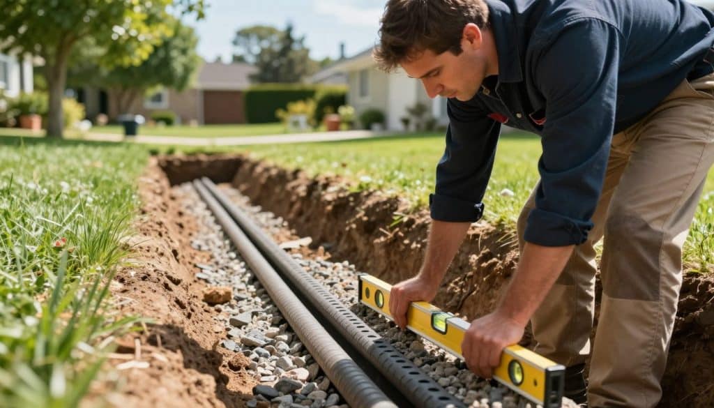 A professional drainage installer examining a trench where a French drain is being installed. The foreground features the installer, clad in a dark blue shirt and beige work pants, holding a level tool with a focused expression. In the middle ground, an incomplete French drain system is visible, with gravel and perforated piping arranged. The background shows a residential yard with lush green grass, trees, and a clear blue sky, suggesting it’s a sunny day. Soft natural lighting highlights the textures of the materials while casting gentle shadows. The overall mood is industrious and professional, emphasizing expertise in drainage installation. Use a slightly elevated angle to capture the entire scene.