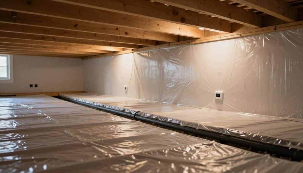 A spacious crawl space beneath a modern home in Metro Atlanta, showcasing its encapsulation. In the foreground, an array of sanitized plastic sheeting tightly covering the ground, with well-installed drainage pipes visible. In the middle ground, the walls show a smooth, insulated surface, glistening under warm LED lighting. Moisture detection equipment can subtly be seen, indicating the technology used to monitor humidity levels. The background features the floor joists of the house, structured and orderly, with subtle shadows, highlighting the confinement of the crawl space. The atmosphere conveys a sense of hope and efficiency, suggesting a solution to moisture problems. The perspective is low, creating an immersive view of the crawl space. Capture this scene with an aperture that creates a slight depth of field, focusing on the encapsulated area while softly blurring the further aspects for emphasis.