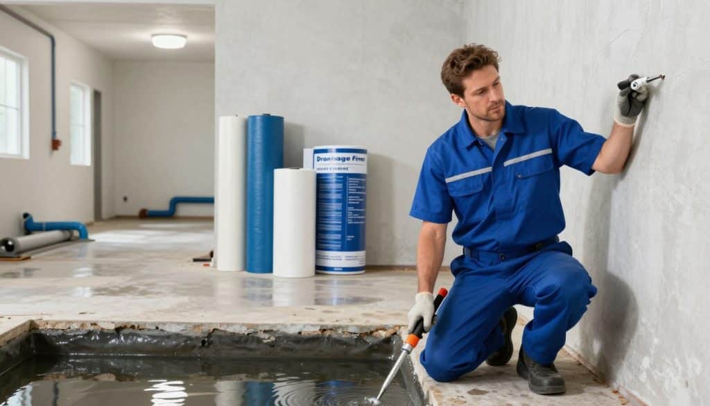 A vibrant, professional scene showcasing the innovative basement waterproofing solutions by Drainage First in Metro Atlanta. In the foreground, a skilled technician in a neat uniform inspects a modern basement wall, emphasizing their commitment to quality service. The technician uses advanced tools, highlighting the technical precision of the waterproofing process. In the middle ground, various waterproofing materials and membranes are displayed, artistically arranged to convey a sense of adaptability and effectiveness. The background features a well-lit basement, complete with gleaming, dry floors and visible drainage systems. The lighting is bright and inviting, creating a clean, professional atmosphere. The overall mood is one of assurance and trust, reflecting Drainage First's reputation as a smarter, more affordable solution for homeowners in Metro Atlanta seeking reliable basement waterproofing.