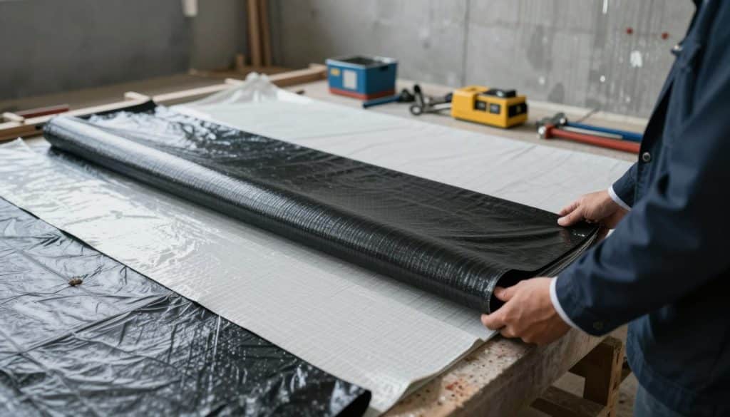 An array of waterproofing membrane materials displayed on a construction site, focusing on various textures and colors—smooth synthetic membranes in black and white, alongside woven geotextiles. In the foreground, a close-up of a person in professional business attire examining the materials, highlighting the details of the waterproofing solutions. The middle ground features construction tools and equipment scattered around the membranes, while the background showcases a dimly lit basement with moisture on the walls, emphasizing the need for effective waterproofing. The lighting is soft and even, with cool tones to reflect a serious, professional atmosphere, shot from a slightly elevated angle to capture the depth of the scene without distractions.