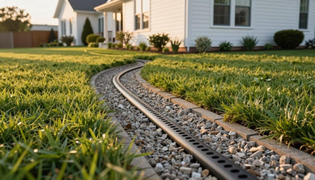 An exterior French drain system elegantly integrated into a well-maintained suburban yard. In the foreground, focus on the textured gravel drain surrounded by lush green grass. In the middle, showcase the curved trench with perforated pipe partially buried, leading away from the house's foundation. The background features a charming, modern home with white siding and a manicured garden. Capture the scene during golden hour, with warm, soft lighting casting gentle shadows that enhance the drain's features. Include a slight tilt angle to emphasize depth, creating a dynamic view. Aim for a tranquil, inviting atmosphere that illustrates smart water management in residential landscaping.