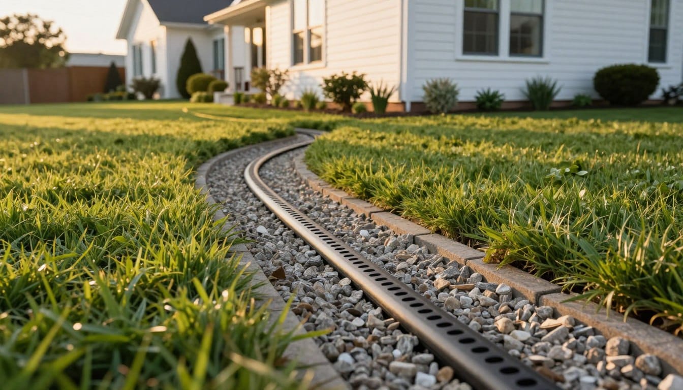 An exterior French drain system elegantly integrated into a well-maintained suburban yard. In the foreground, focus on the textured gravel drain surrounded by lush green grass. In the middle, showcase the curved trench with perforated pipe partially buried, leading away from the house's foundation. The background features a charming, modern home with white siding and a manicured garden. Capture the scene during golden hour, with warm, soft lighting casting gentle shadows that enhance the drain's features. Include a slight tilt angle to emphasize depth, creating a dynamic view. Aim for a tranquil, inviting atmosphere that illustrates smart water management in residential landscaping. French Drain Mountain Park GA - French Drain Douglasville GA