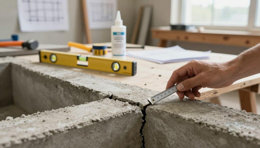 A close-up view of a foundation crack being monitored for repairs. In the foreground, a hand is carefully examining a noticeable crack in a concrete foundation, equipped with a measuring tool. In the middle ground, tools like a level, mortar, and sealant materials are arranged neatly on a workbench. The background displays a well-lit, organized workshop with construction drawings and a window allowing natural light to filter in, creating a warm, focused atmosphere. The color palette includes earthy tones of concrete and wood, with soft shadows to evoke a sense of professionalism and meticulous care. The scene captures a moment of precise assessment, reflecting a methodical approach to foundation repair.