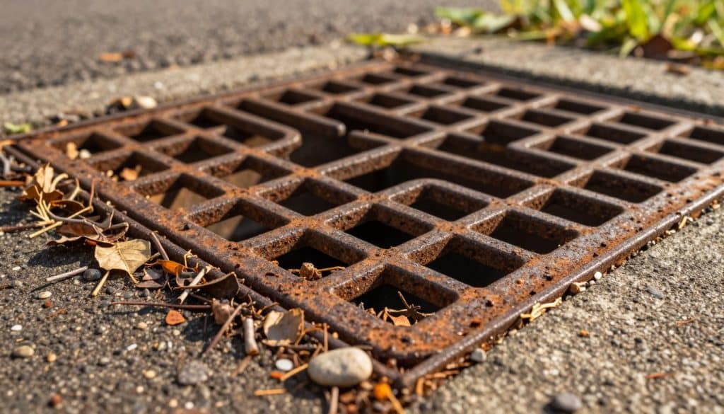 A close-up view of a rusted metal catch basin grate, intricately detailed with patterns of corrosion and debris. The foreground features a pile of dried leaves, twigs, and small stones that have collected around the edges of the grate, casting soft shadows on the ground. In the middle, the grate reveals its grid structure, partially obstructing the view into the dark sump below. The background showcases a blurred urban environment, hinting at nearby pavement and grass, bathed in warm afternoon sunlight. The lighting creates a contrast between the darkened areas of the sump and the bright natural elements surrounding it. The mood is one of quiet observation, inviting viewers to consider the function and importance of drainage systems.