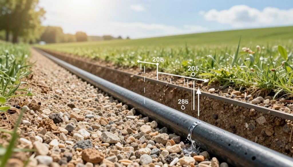 A cross-sectional view of a French drain system demonstratively illustrated, showcasing its slope and depth essentials for effective drainage. The foreground captures a detailed layer of gravel and perforated pipe, with water visibly flowing through it, emphasizing the importance of proper installation. In the middle ground, a gently descending slope is depicted, with clear measurements annotated in a minimalistic style, highlighting the optimal depth for water movement. The background features a lush green landscape, with a blue sky and soft sunlight filtering through, creating an inviting and educational atmosphere. Use a wide-angle lens perspective to enhance the depth of the scene, while ensuring a warm and informative mood that conveys the functionality of the drainage system.