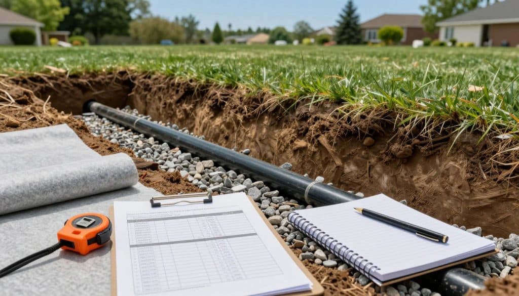 A detailed and organized estimate of trench materials for a drainage project featuring a partially excavated yard. In the foreground, a precise layout of gravel, pipe, and fabric materials is displayed, showcasing a measuring tape and a notepad with calculations. The middle ground highlights the trench itself, showing the freshly dug soil and visible layers of gravel and drainage pipe, under soft ambient lighting that emphasizes the texture of the materials. The background reveals a lush, green lawn with a clear blue sky, suggesting a serene suburban environment. The atmosphere is professional and focused, aimed at conveying the intricacies of estimating materials for efficient yard drainage. No text or distractions should be present.